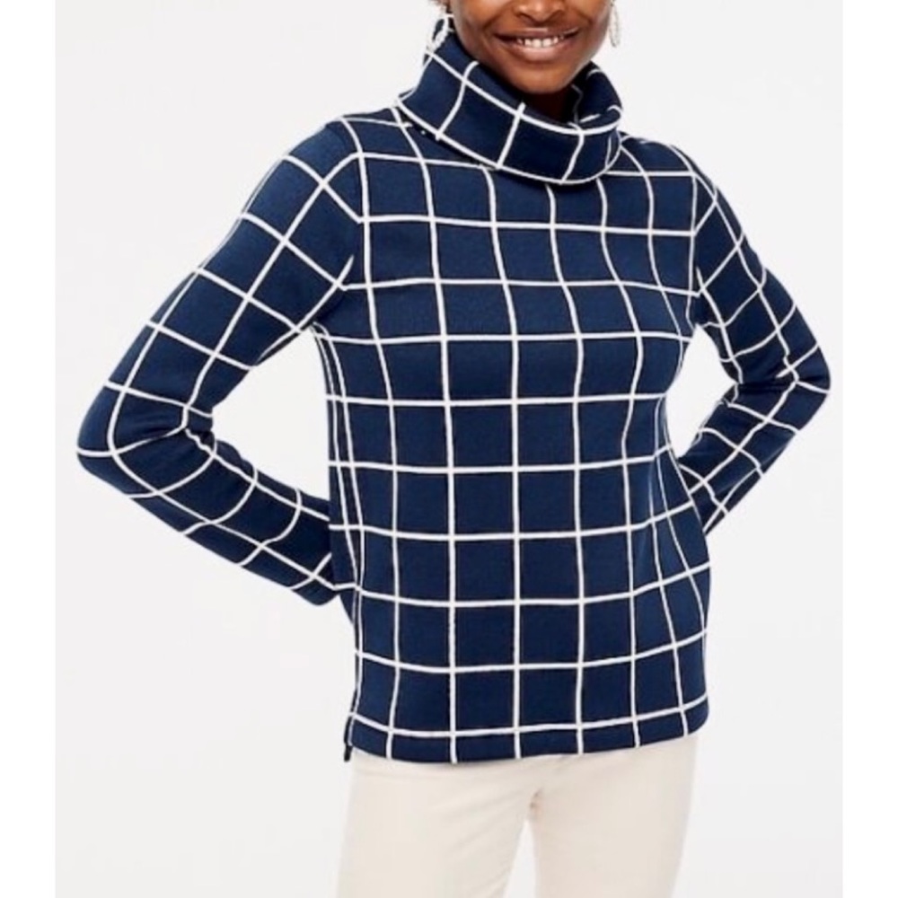 J. CREW • Blue/White Square Grid Windowpane Long Sleeve Turtleneck Sweater, L
